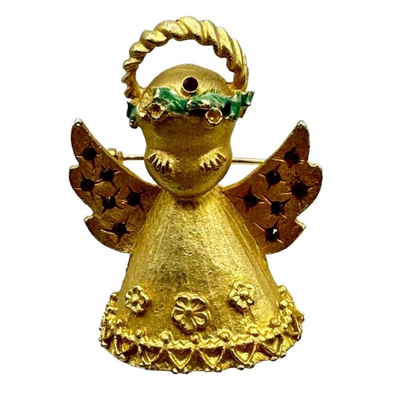 Vintage Gold Tone Angel Brooch With Red Rhinestones Accents Floral Details - Picture 3 of 9